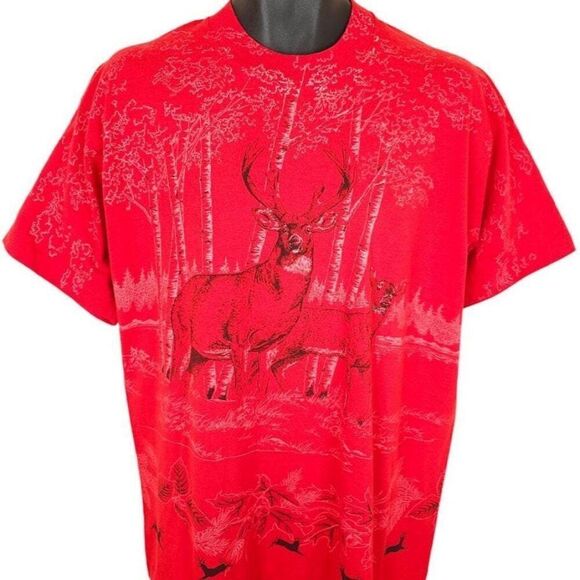 Vintage Deer T Shirt Mens Size XL Red 90s All Over Print Nature Tee Made In USA - Picture 1 of 7